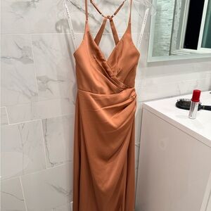 Azazie Rust Satin Backless Slip Maxi Dress